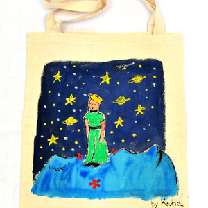 Ζωγραφισμένη στο χέρι πάνινη τσάντα Μικρός Πρίγκηπας tote bag Little Prince - ύφασμα, ώμου, μεγάλες, all day, tote