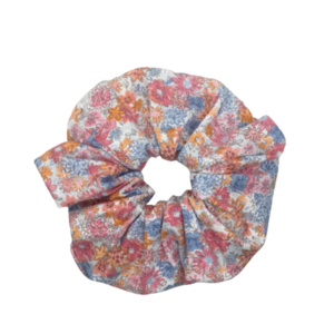 Υφασμάτινο λαστιχάκι scrunchie with colorful flowers orange - ύφασμα, κορίτσι, φλοράλ, για τα μαλλιά, λαστιχάκια μαλλιών