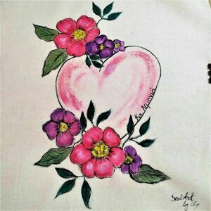 Τσαντα βαμβακερή 42*37 ζωγραφισμένη στο χέρι λουλούδια -καρδιά δωρο για δασκάλα - ύφασμα, ώμου, μεγάλες, δώρα για δασκάλες, tote - 3