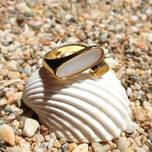 Δαχτυλίδι με πέτρα mother of pearl από ασήμι με χρυσό επιχρύσωμα αυξομειούμενο - ασήμι, φίλντισι, επιχρυσωμένα, μεγάλα, αυξομειούμενα - 2
