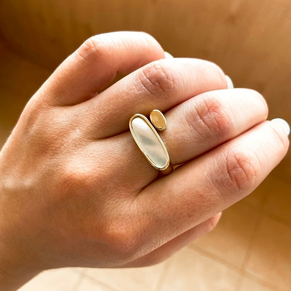Δαχτυλίδι με πέτρα mother of pearl από ασήμι με χρυσό επιχρύσωμα αυξομειούμενο - ασήμι, φίλντισι, επιχρυσωμένα, μεγάλα, αυξομειούμενα - 5