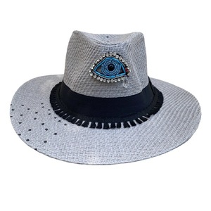 Καπέλο Panama- Gray base evil eye- διαθέσιμο μέγεθος: 59. - ζωγραφισμένα στο χέρι, evil eye, ψάθινα