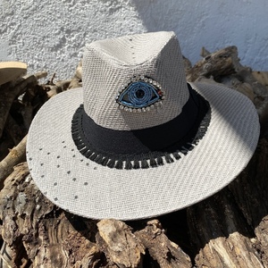 Καπέλο Panama- Gray base evil eye- διαθέσιμο μέγεθος: 59. - ζωγραφισμένα στο χέρι, evil eye, ψάθινα - 3
