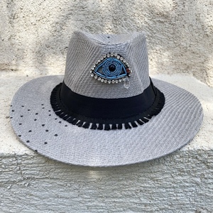 Καπέλο Panama- Gray base evil eye- διαθέσιμο μέγεθος: 59. - ζωγραφισμένα στο χέρι, evil eye, ψάθινα - 4