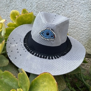 Καπέλο Panama- Gray base evil eye- διαθέσιμο μέγεθος: 59. - ζωγραφισμένα στο χέρι, evil eye, ψάθινα - 5