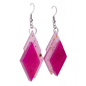 "Pink Kisses" - Γεωμετρικά ροζ σκουλαρίκια από υγρό γυαλί και φύλλα χρυσού - γυαλί, ατσάλι, κρεμαστά, γάντζος, kawaii - 2
