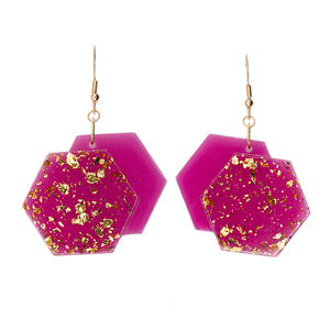 "Cherry Blossom" - Γεωμετρικά σκουλαρίκια ροζ από υγρό γυαλί και φύλλο χρυσού - γυαλί, ατσάλι, κρεμαστά, γάντζος, kawaii