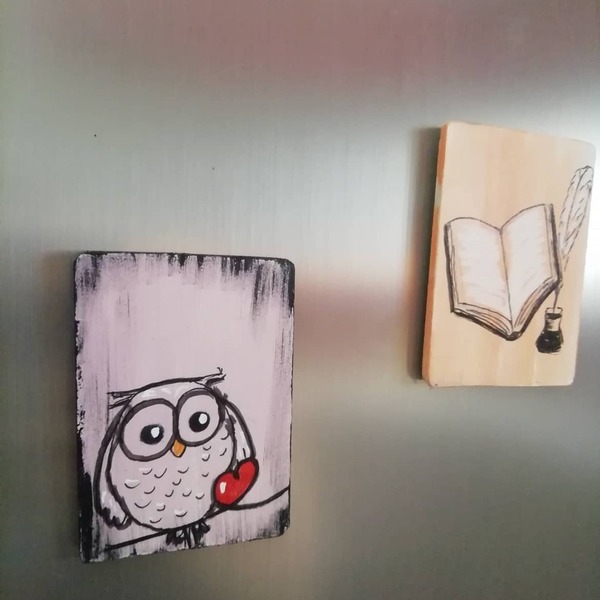 Μαγνητάκι ξύλινο 8*6 εκ ζωγραφισμένο στο χερι κουκουβάγια - ξύλο, κουκουβάγια, δώρα για δασκάλες, μαγνητάκια ψυγείου - 3