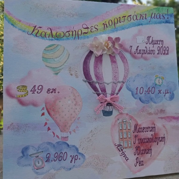 Καμβάς 30 x 30 εκ. με στοιχεία γέννησης και θέμα αερόστατο - κορίτσι, αερόστατο, προσωποποιημένα, ενθύμια γέννησης - 5