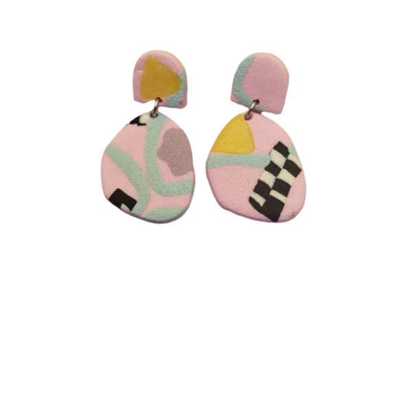 Ροζ σκουλαρίκια από πολυμερικό πηλό, ακανόνιστο σχήμα, διάφορα σχέδια - πηλός, μικρά, ατσάλι, κρεμαστά, καρφάκι - 3