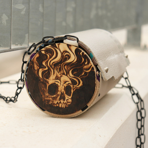 Δερμάτινη τσάντα Flame hair skull bag - χειρός, βραδινές, ξύλο, ύφασμα, δερματίνη