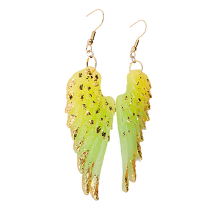 "Uranium Wings" - Σκουλαρίκια Πράσινα κίτρινα φτερά από υγρό γυαλί και φύλλο χρυσού - γυαλί, φτερό, ατσάλι, κρεμαστά, γάντζος - 2