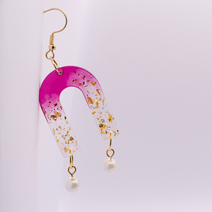"Chic in Pink" - Σκουλαρίκια μακριά από υγρό γυαλί, φύλλα χρυσου και γυάλινες πέρλες - γυαλί, ατσάλι, κρεμαστά, πέρλες, γάντζος - 4