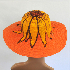 Ζωγραφισμένο στο χέρι γυναικείο καπέλο πορτοκαλί Ηλιοτρόπιο - γυναικεία, χειροποίητα, ψάθινα - 5