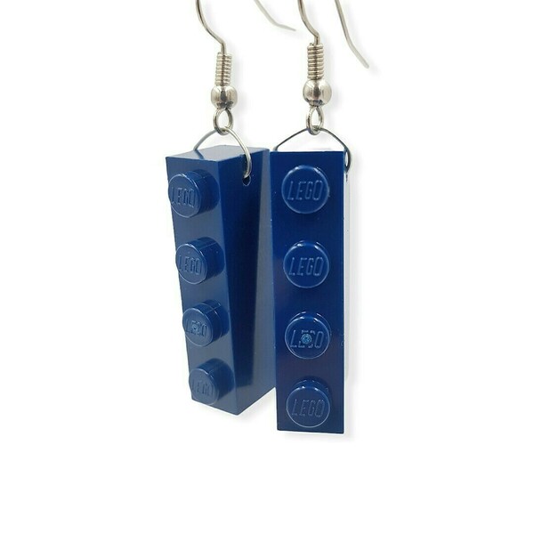 Σκουλαρίκια κρεμαστά απο πλαστικά τουβλάκια - Μπλε Σκούρο 3.2 x 0.8 εκ. - πλαστικό, κρεμαστά, δώρα για γυναίκες, φθηνά - 3