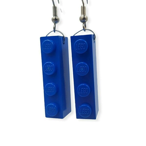 Σκουλαρίκια κρεμαστά απο πλαστικά τουβλάκια - Μπλε 3.2 x 0.8 εκ. - πλαστικό, κρεμαστά, γάντζος, δώρο έκπληξη - 2
