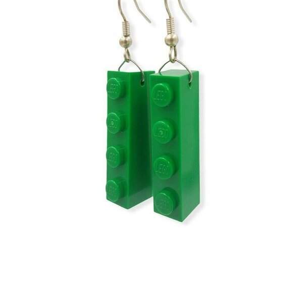Σκουλαρίκια κρεμαστά απο πλαστικά τουβλάκια - Πράσσινα 3.2 x 0.8 εκ. - πλαστικό, κρεμαστά, γάντζος, δώρα για δασκάλες, φθηνά - 2