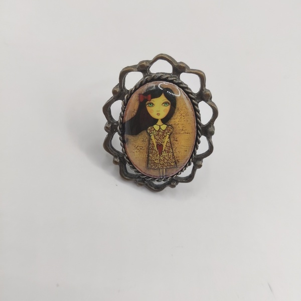 Δαχτυλίδι με μπρονζέ βάση girl with a heart - vintage, γυαλί, μεγάλα, αυξομειούμενα - 3