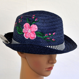 Ζωγραφισμένο στο χέρι μπλε ψάθινο καπέλο Ροζ Λουλούδι - γυναικεία, χειροποίητα, ψάθινα - 4