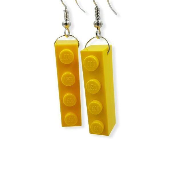 Σκουλαρίκια κρεμαστά απο πλαστικά τουβλάκια - Κίτρινο 3.2 x 0.8 εκ. - πλαστικό, κρεμαστά, γάντζος, φθηνά - 4