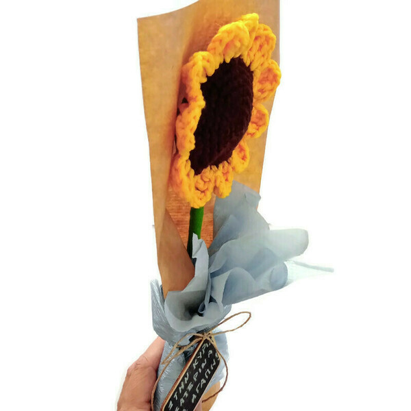 Δώρο για δασκάλα ανθοδέσμη πλεκτό ηλιοτρόπιο - ύψος 35 εκ - διακοσμητικά - 3