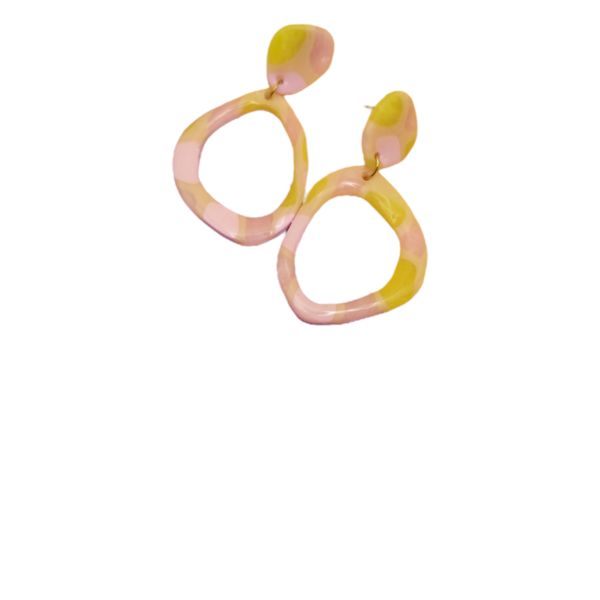 Καρφωτά σκουλαρίκια από πολυμερικό πηλό, ροζ κίτρινο, 70s - πηλός, ατσάλι, κρεμαστά, μεγάλα, καρφάκι
