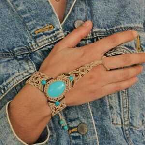 Macrame slave-bracelet με πάστα χαολίτη & χάντρες αχάτη - ημιπολύτιμες πέτρες, μακραμέ, boho, χεριού, αυξομειούμενα - 3