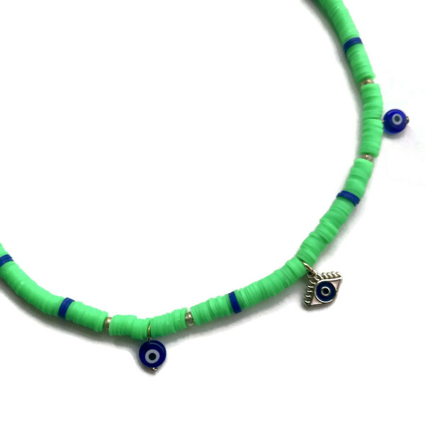 Κολιέ κοντό με πράσινες neon ροδέλες και ματάκι μεταλλικό μέγεθος 40 εκατοστά - charms, μάτι, χάντρες, κοντά, boho - 3