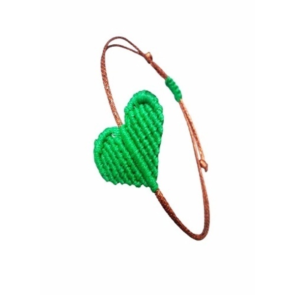 Μπρονζέ βραχιόλι μακραμέ με πράσινη καρδιά - καρδιά, μακραμέ, κορδόνια, μαμά, αυξομειούμενα