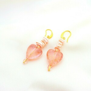 Σκουλαρίκια ροζ καρδιές μουράνο - γυαλί, επιχρυσωμένα, κρεμαστά, μεγάλα, γάντζος