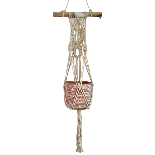 Macrame Κρεμαστή Βάση για Κασπώ με Φυσικό Ξύλο Μπέζ 85cm - μακραμέ, διακοσμητικά, διακόσμηση βεράντας