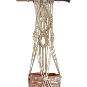 Macrame Κρεμαστή Βάση για Κασπώ με Φυσικό Ξύλο Μπέζ 85cm - μακραμέ, διακοσμητικά, διακόσμηση βεράντας - 2