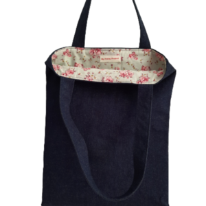 Υφασμάτινη tote τσάντα "σκούρο μπλε τζιν_vintage φλοράλ" 42x32cm - ύφασμα, ώμου, φλοράλ, tote, πάνινες τσάντες