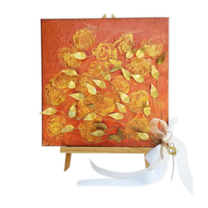 Χειροποίητο 3D διακοσμητικό σε καμβά "Η Χρυσή Ανθοδέσμη" (30cm x 30cm) - πίνακες & κάδρα, μέταλλο, διακοσμητικά