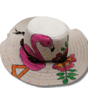 Καπέλο Γυναικείο Λευκό Καφέ Χάντρες με flamingo ζωγραφισμένο στο χέρι. - ψάθινα