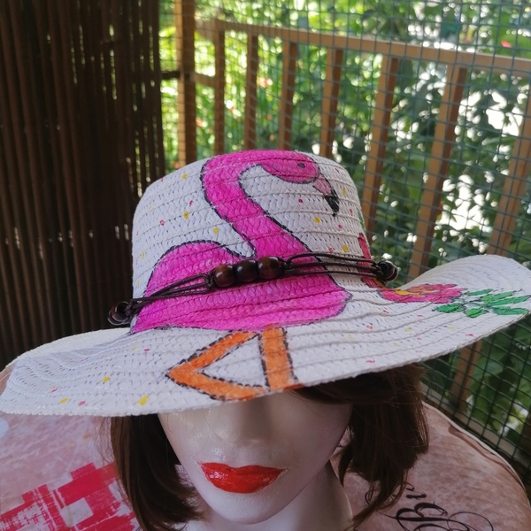 Καπέλο Γυναικείο Λευκό Καφέ Χάντρες με flamingo ζωγραφισμένο στο χέρι. - ψάθινα - 2
