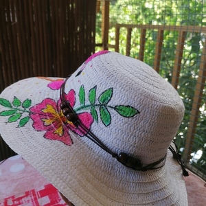 Καπέλο Γυναικείο Λευκό Καφέ Χάντρες με flamingo ζωγραφισμένο στο χέρι. - ψάθινα - 3