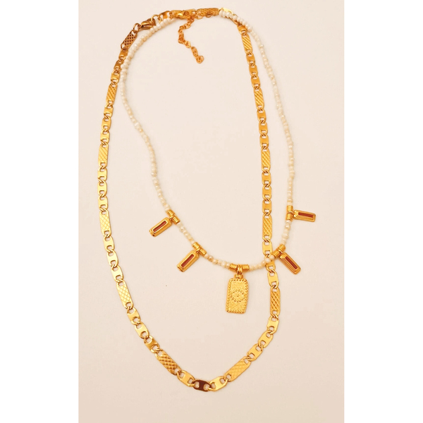 Maasai necklace - ημιπολύτιμες πέτρες, μαργαριτάρι, επιχρυσωμένα, μάτι, boho - 3