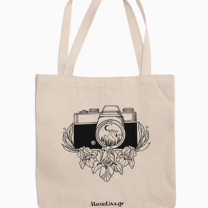 Tote Bag Camera Πάνινη Τσάντα με Μακριά Χερούλια 38x42cm - ύφασμα, ώμου, all day, tote, πάνινες τσάντες