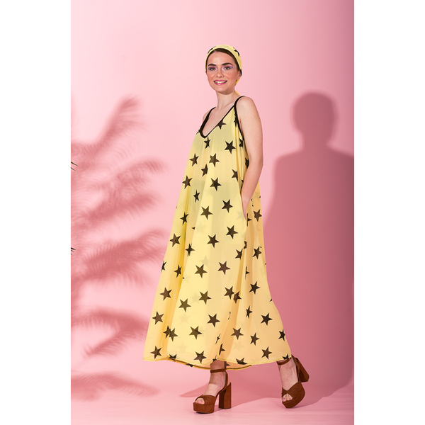 Matina Dress Yellow Stars Midaxi Φόρεμα με Ζώνη & Τσέπες Petit Boutik - πολυεστέρας, πουά, αμάνικο, γάμου - βάπτισης