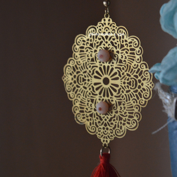 Μαροκινά Μεγάλα Σκουλαρίκια Γυναικεία Μεταλλικά Χρυσά με Ιβουάρ Γυάλινες Χάντρες και Κόκκινες Βαμβακερές Φούντες - χαλκός, με φούντες, boho, κρεμαστά, μεγάλα - 2