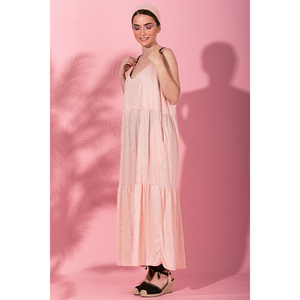 Athena Dress Pink Stars Φόρεμα με Ζώνη & Τσέπες Petit Boutik - γάμου - βάπτισης, maxi, αμάνικο, βαμβάκι, πουά - 4