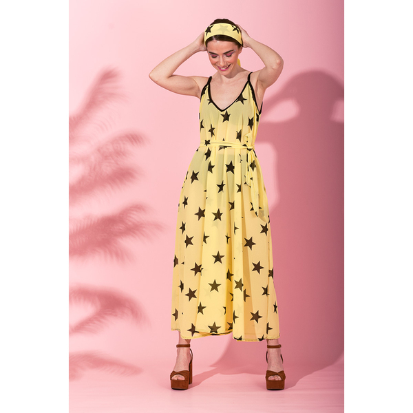 Matina Dress Yellow Stars Midaxi Φόρεμα με Ζώνη & Τσέπες Petit Boutik - πολυεστέρας, πουά, αμάνικο, γάμου - βάπτισης - 2