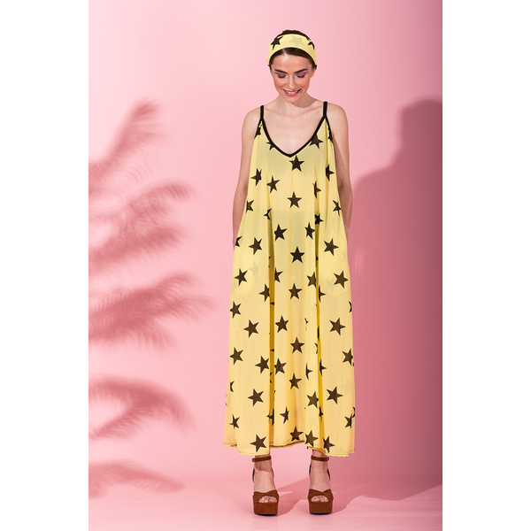 Matina Dress Yellow Stars Midaxi Φόρεμα με Ζώνη & Τσέπες Petit Boutik - πολυεστέρας, πουά, αμάνικο, γάμου - βάπτισης - 4
