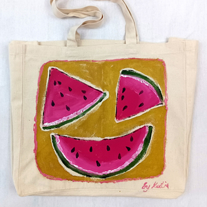 Ζωγραφισμένη στο χέρι πάνινη τσάντα Καρπούζι tote bag παραλίας - ύφασμα, ώμου, μεγάλες, all day, tote - 3
