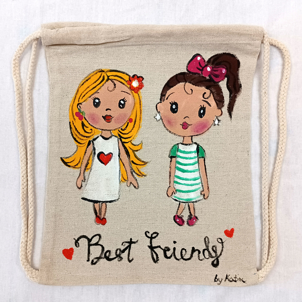 Ζωγραφισμένη στο χέρι παιδική πάνινη τσάντα tote bag Best Friends - τσαντάκια