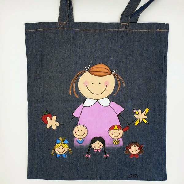 Υφασμάτινη τζην τσάντα ζωγραφισμένη στο χέρι"δασκάλα με παιδιά" - ύφασμα, ώμου, δώρα για δασκάλες, tote, πάνινες τσάντες