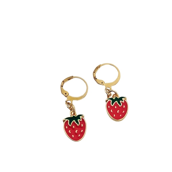 Σκουλαρίκια μικροί ατσαλινοι κρίκοι με φράουλες από σμάλτο - ορείχαλκος, κορίτσι, ατσάλι, κρεμαστά