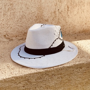 Καπέλο Panama - White evil eye - ζωγραφισμένα στο χέρι, απαραίτητα καλοκαιρινά αξεσουάρ, ψάθινα - 2
