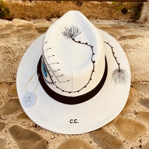 Καπέλο Panama - White evil eye - ζωγραφισμένα στο χέρι, απαραίτητα καλοκαιρινά αξεσουάρ, ψάθινα - 4
